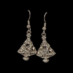 90s Vintage Silver Tone Crystal Encrusted Tree Drop Earrings Womens
